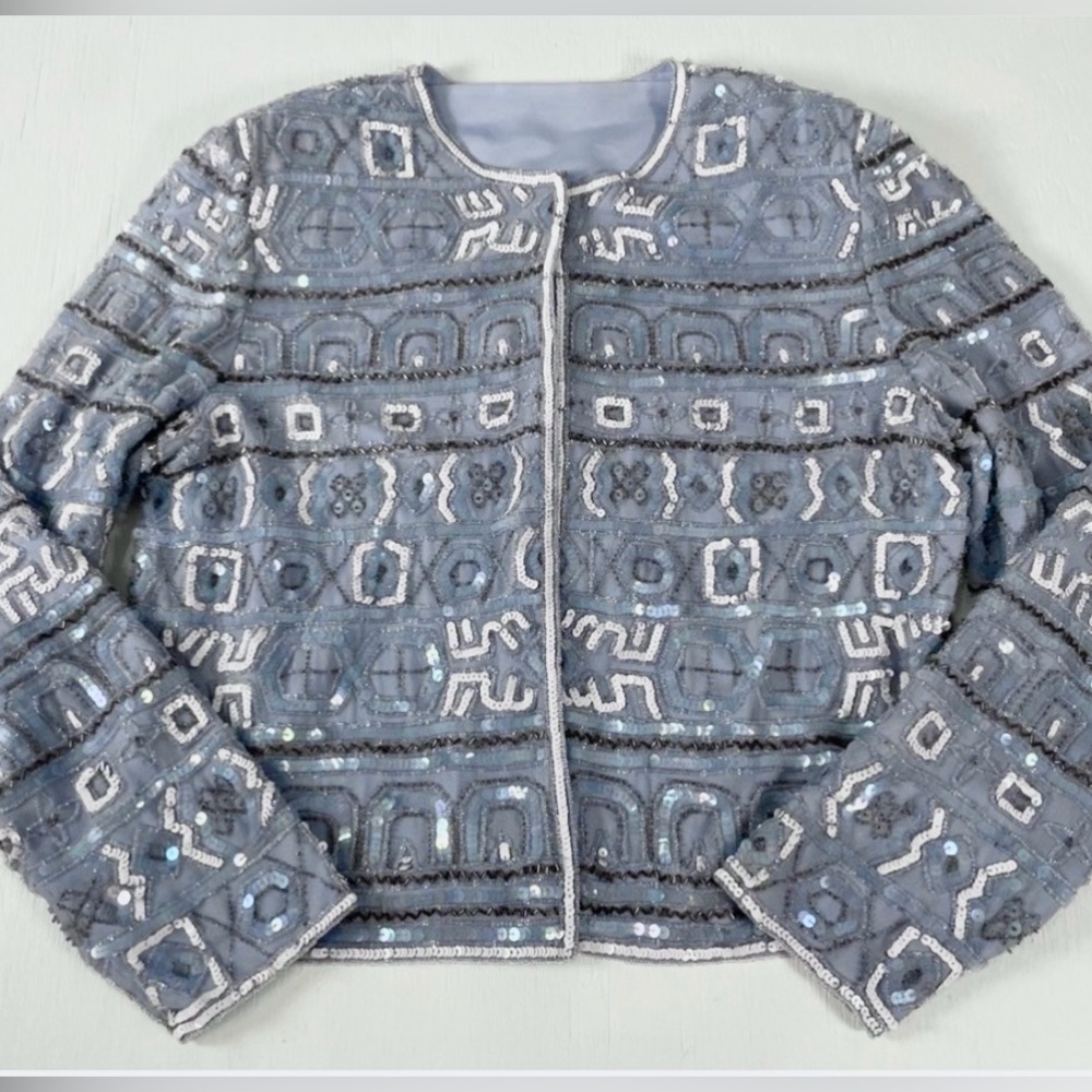 Vintage Beaded Evening wear ladies sequined jacket Coat Blazer Sky Blue Amazing - Picture 2 of 16